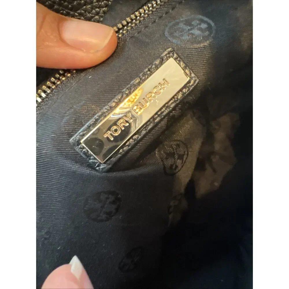 Tory Burch Thea Slouchy Chain Tote Bag Black Pebble Leather Gold Chain EUC